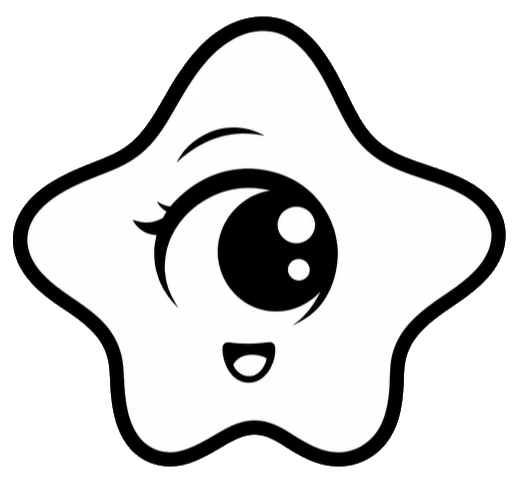 A smiling, one-eyed chibi star drawn in black and white.